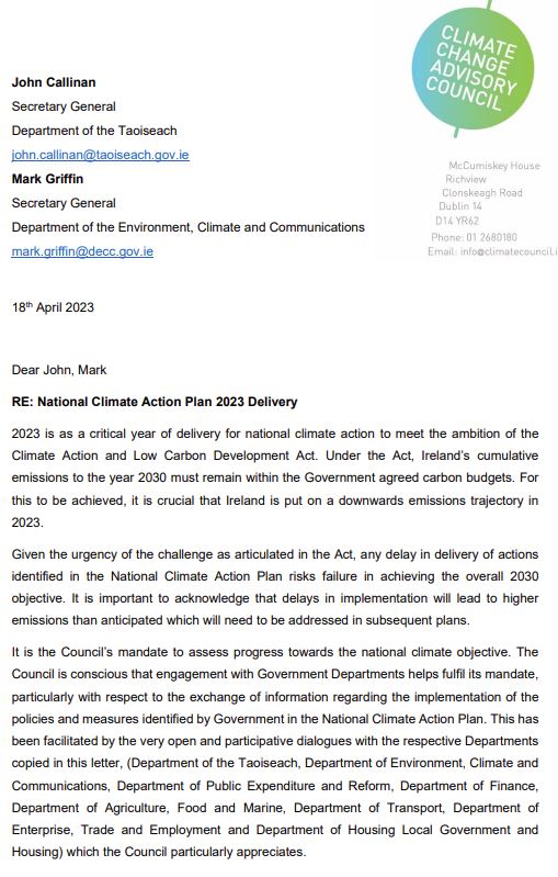 Letter regarding Delivery of the National Climate Action Plan 2023